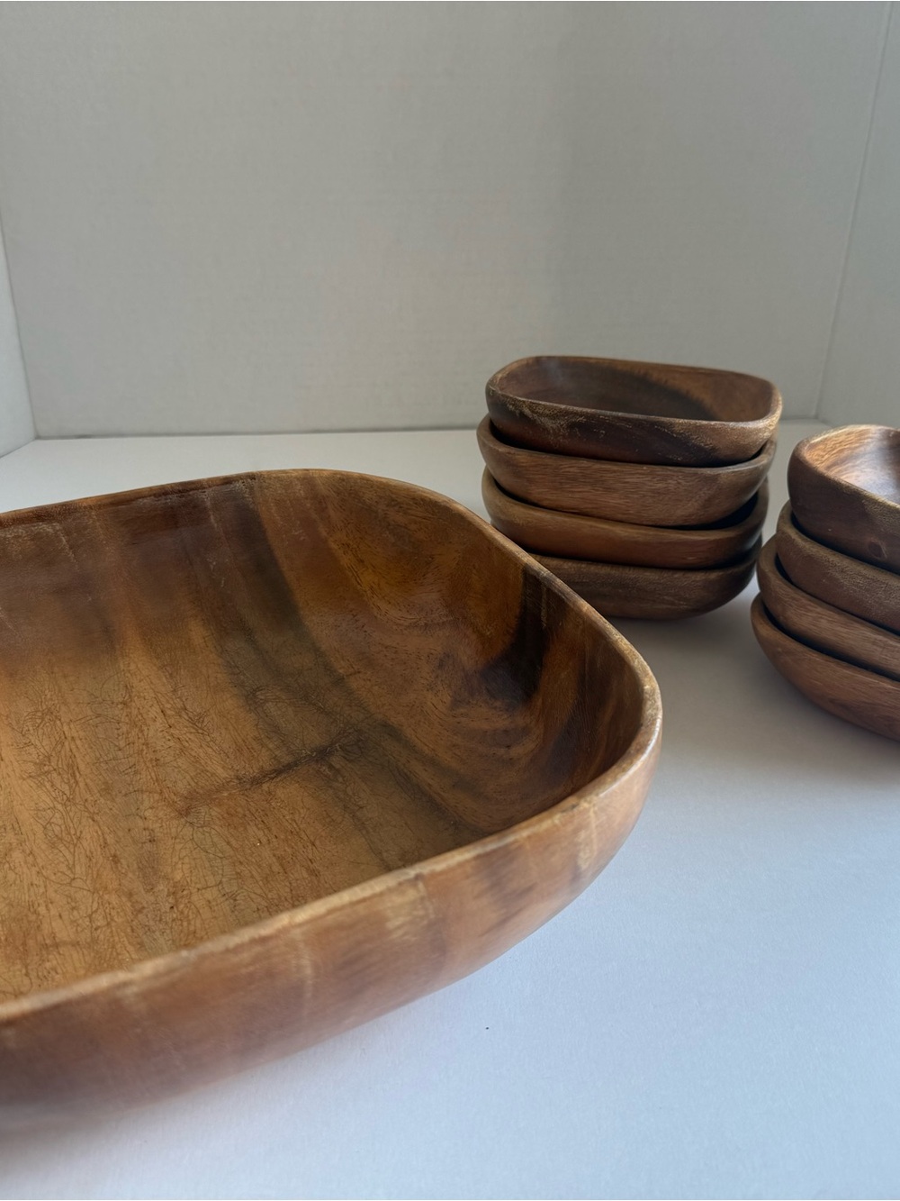 Vintage MCM Monkey Pod Style Wood Salad Bowl Set 9 Pc